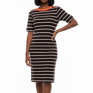 LAUREN Ralph Lauren Striped 100% Cotton Dress Large Brown White Orange Trim